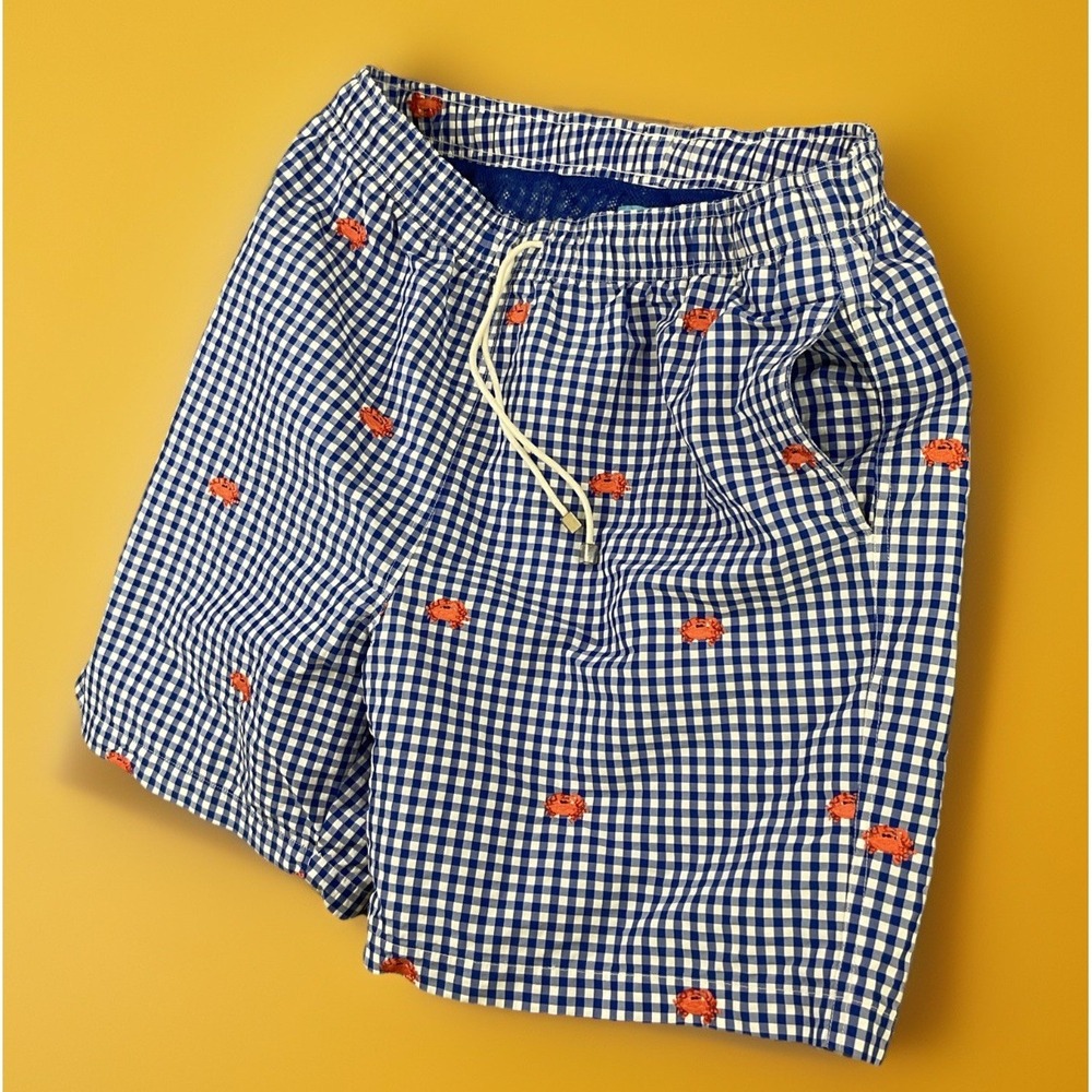 J Mclaughlin Swim Shorts Men Sz M Trunks Gingham Plaid Blue Crabs AOP Mesh Lined